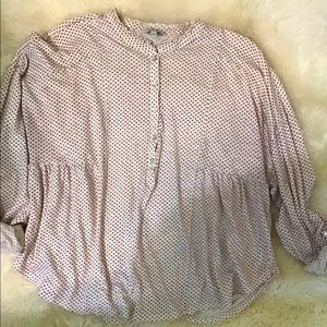 Lucky women shirt long roll up & button sleeves Cream w purple hearts Large
